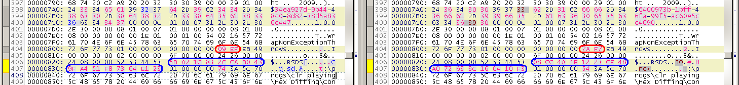 Difference between two different machines - timestamp in red, PDB-GUID in blue